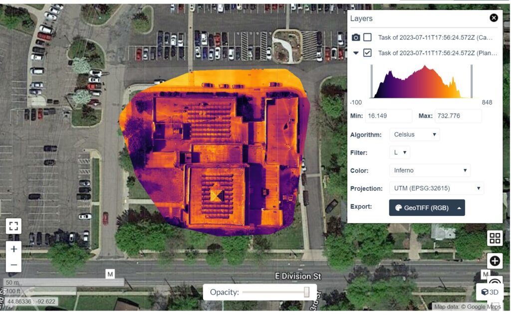 Thermographic mapping solution for a church roof in Winsconsin.