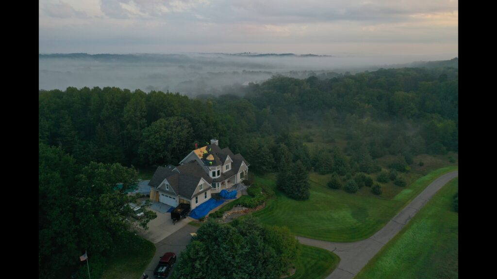 Beautiful morning in Minnesota showcasing this beautiful roofing project being done on a home.